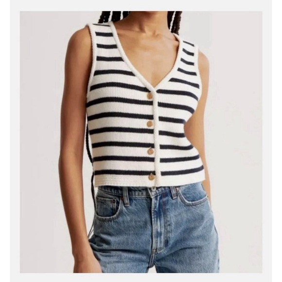 Abercrombie & Fitch Sweaters - Abercrombie & Fitch Mara Gold Button Up Nautical Stripe Sweater Vest Crop Sz XL